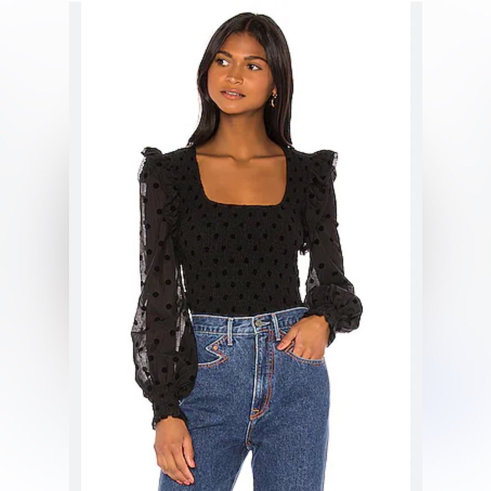 Tularosa x Revolve Moxie Black Polkadot Smocked Top Blouse Women size XS